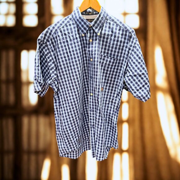 TOMMY HILFIGER 🏷️ Blue Checkered Button-Up Shirt | Short Sleeve - Picture 1 of 2